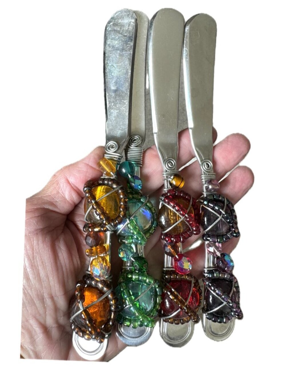 Set of 4 Beaded Appetizer Hors D'oeuvres Picnic Knives Handmade Original